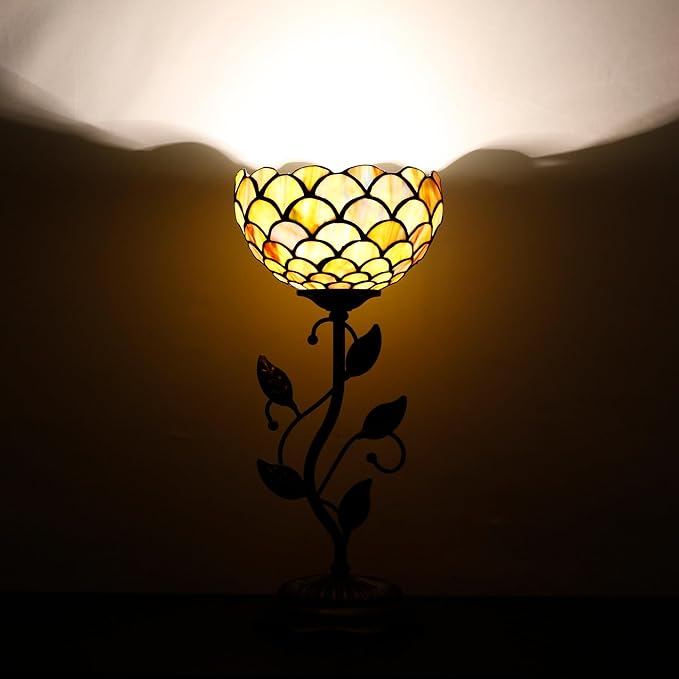 Small Tiffany Lamp Stained Glass Table Lamp Uplight Accent Lamp with Metal Leaf Base Yellow Fish Scales Style Desk Light 8X19 Inch for Home Office Living Room Bedroom