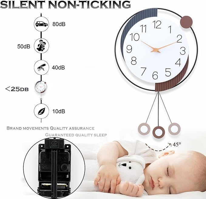Decorative Silent Quartz Wall Clock with Pendulum, Battery Operated, Large 13x20 inch for Living Room, Kitchen, Home, Bathroom, Bedroom Wall Decor