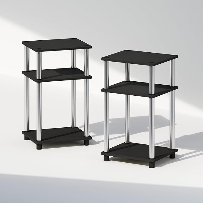 Furinno Just 3-Tier Turn-N-Tube Open Storage Nightstand, 2-Pack, Americano, Stainless Steel Tubes