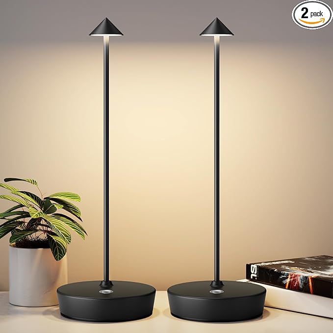 2Pack Rechargeable Cordless Table Lamp, Portable Powered LED Battery 6000mAh Metal USB Desk Lamp, 3 Levels Brightness Light for Restaurants Outdoor (2pack Black)