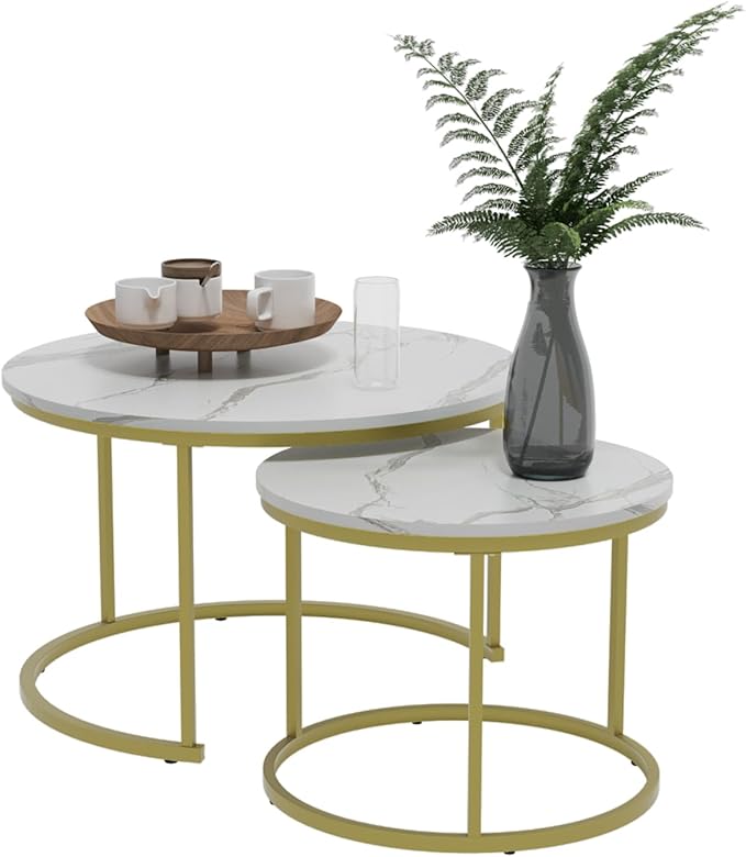 Smuxee White Nesting Coffee Table Set of 2, 27.6" Round Coffee Table Wooden Marble Pattern with Adjustable Non-Slip Feet, Industrial End Table for Living Room Bedroom Balcony