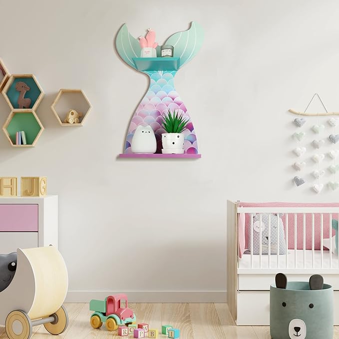 Bencailor Wall Decor Shelf Bedroom Hanging Shelf Wall Mounted Wooden Floating Bathroom Decor for Girls Bedroom Nursery Gift(Classic Mermaid)