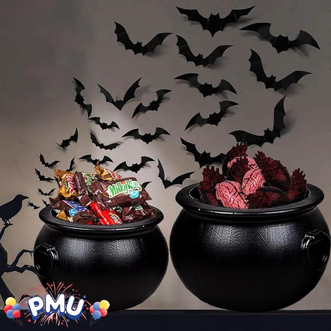 PMU 2pc- 18",16" Halloween Black Cauldron Pot Kettle, Black Plastic Witch Cauldron Kettle, Halloween Party Decorations, Indoor & Outdoor