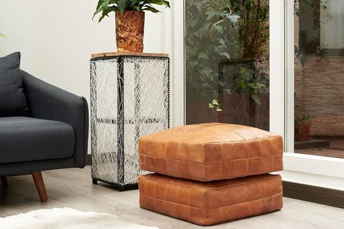 MARRAKESH STYLE Comfortable Leather Ottoman Pouf - Handmade Unstuffed Moroccan Pouf Cover - Square Pouf & Foot Rest Ottoman - Perfect for Living Rooms Bedrooms & Kids Room - Luxury Square Brown