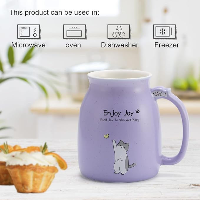 Cute Cat Cup Ceramic Coffee Mug with Kawaii Cat Wooden Lid, Lovely Stainless Steel Spoon, Anime Kitty Thicken Wooden Coaster, Christmas Birthday Cute Thing Japanese Mug 16oz (Purple)