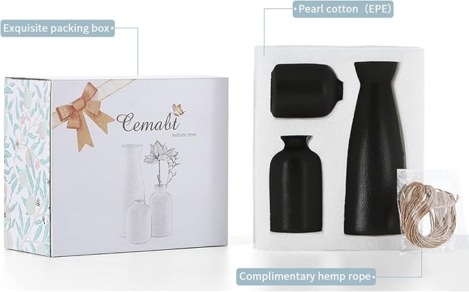 CEMABT Black Ceramic vase Set-3 Small Flower vases for Decor,Modern Boho Farmhouse Home Decor,Decorative vase for Pampas Grass&Dried Flowers,idea Shelf,Table,Bookshelf ,Entryway- Distressed