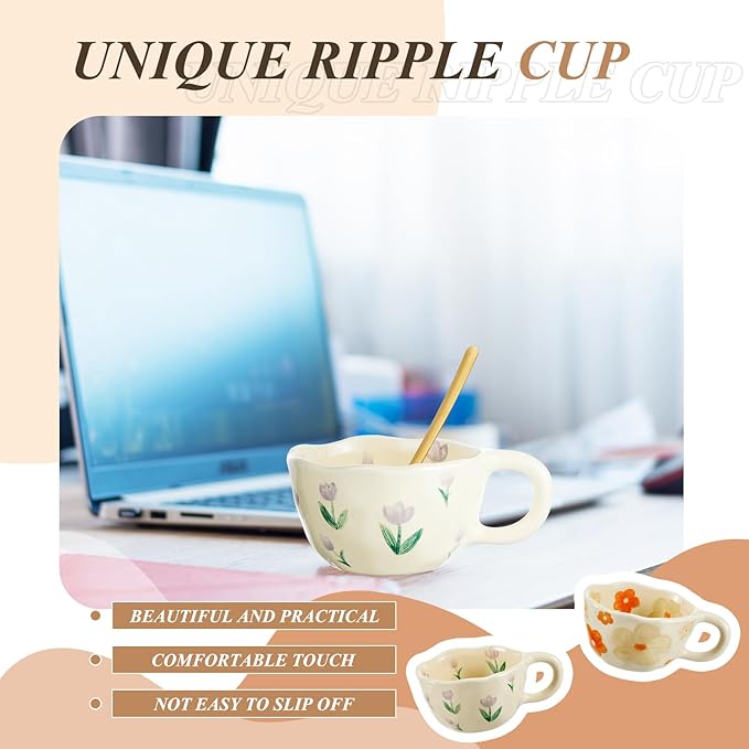 Vesici 2 Pcs Ceramic Coffee Mugs Flower Cups with Spoon Vintage Floral Mugs with Handle 8.5 oz Aesthetic Tea Porcelain Cup Gift for Valentine Office Home, Dishwasher and Microwave Safe(Charming)
