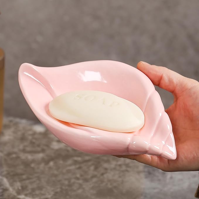 Sea-Shell Soap Holder, Ceramic Soap Tray with Self Draining, Soap Tray for Sink Washroom Bathroom Shower, Small Cute and Elegant Holder with Glaze, Easy Cleaning (White)