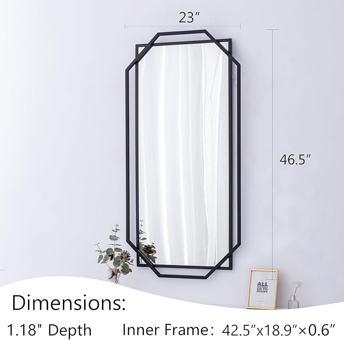 Large Black Frame Bathroom Mirror,Decorative Wall Mirror with Modern Metal Octagonal for Living Room, Bedroom, Dining Room, Entryway (46.5" x 23")