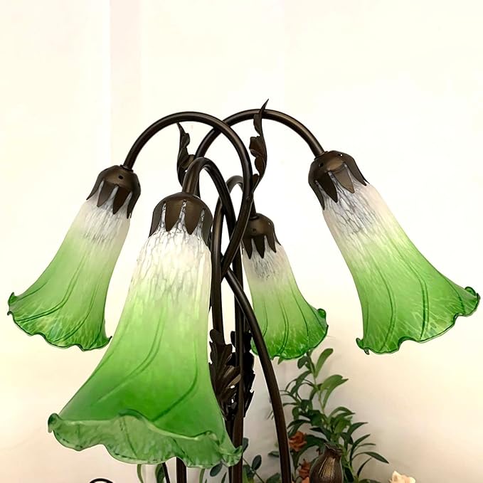 Bieye L10857 Lily Flower Blown Glass Accent Table Lamp for Living Room Bedroom Decoration (4-Light, Green)