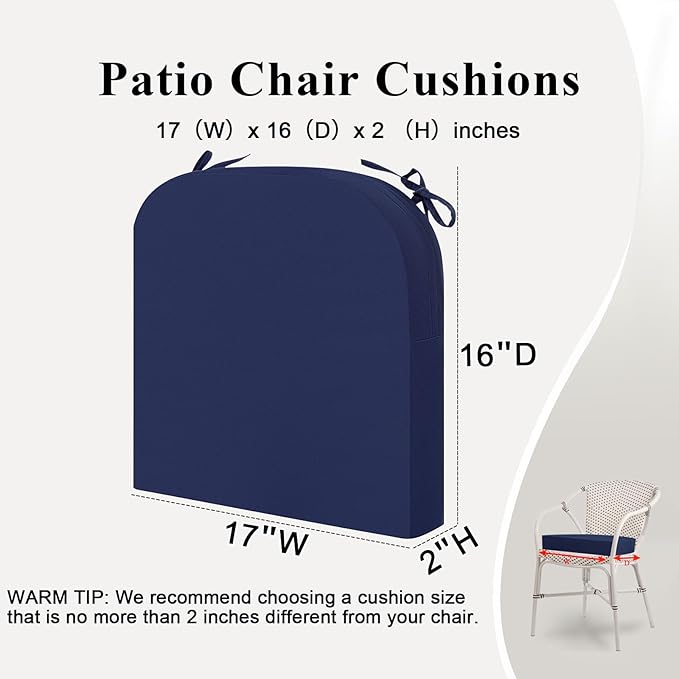 Outdoor Chair Cushions Set of 2, Waterproof Memory Foam Patio Seat Cushions with Ties for Garden Sofa & Dining Furniture, 3-Year Color Fastness, 16x17x2 Inch, Blue