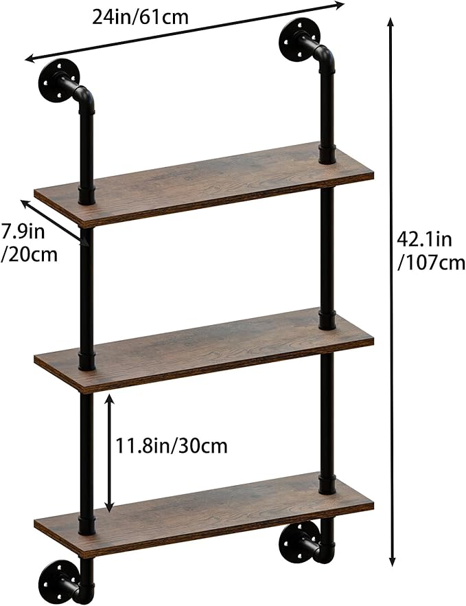 3 Tier Industrial Pipe Shelf Hanging Bookshelf,Industrial Wall Shelves Floating Shelves,Wall Mounted Rustic Wood Pipe Shelving for Kitchen Office Bathroom