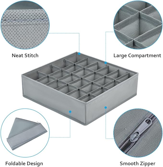 Drawer Organizer Clothes - Foldable Underwear Organizer and Sock Organizer, Bra organizer Fabric Dresser Drawer Organizer Divider for Socks, Bra, Underwear, Tie, 4 Pack, Grey