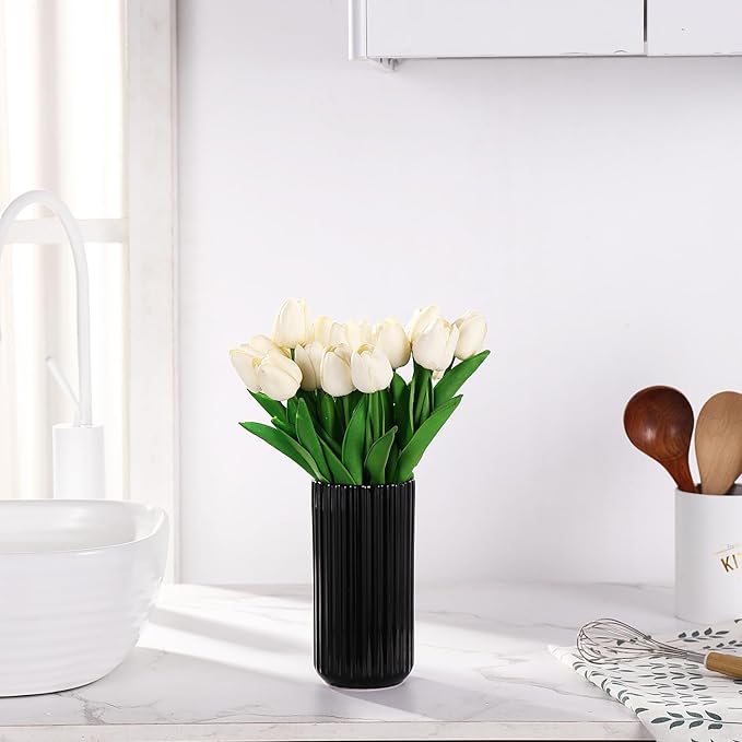 Black Ceramic Vase for Flowers, Modern Black Vase for Home Decor, Tall Ribbed Vase for Living Room, Office, Mantel, Bookshelf, Dining Table, 8 inches