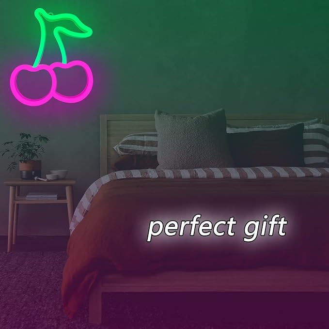 Cherry Neon Sign, Red Green Cherries Neon Lights, Cherry Neon Signs for Wall Decor, Cute Fruits LED Signs for Kids Room,Restaurant,Bar,Fruit Shop,Home Green+Pink