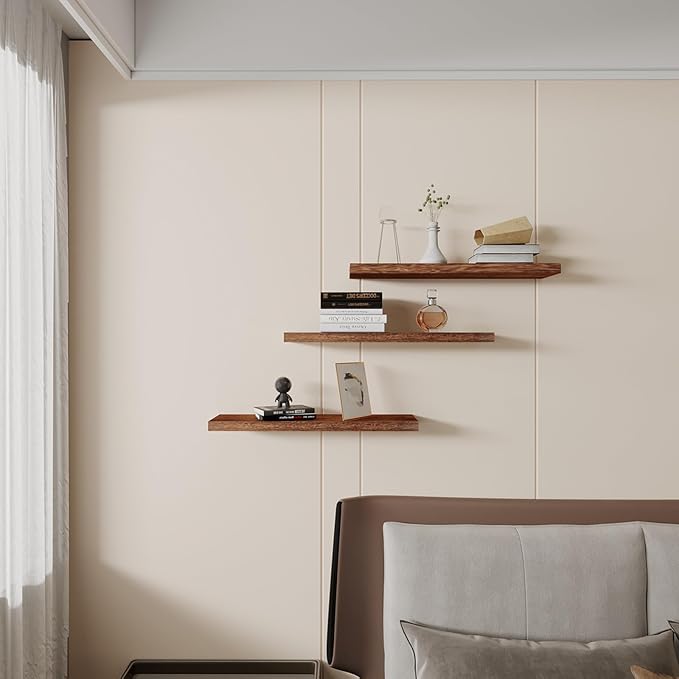 Floating Shelves 24 Inch Wall Shelf Solid Wood Mounted Storage for Bedroom Living Room Set of 3, Rustic Brown Wall Shelves