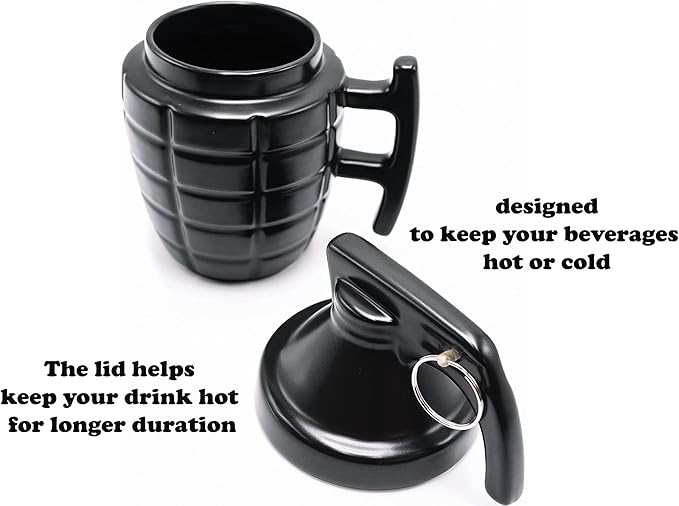 Caliber Gourmet Grenade Ceramic Large Coffee Mug with Lid (11.8oz), Great Tea Coffee Cup, fits K-Cup coffee makers, Travel, Camping Trips, Loved by Military, Veterans, Gun Lovers, Christmas Gift