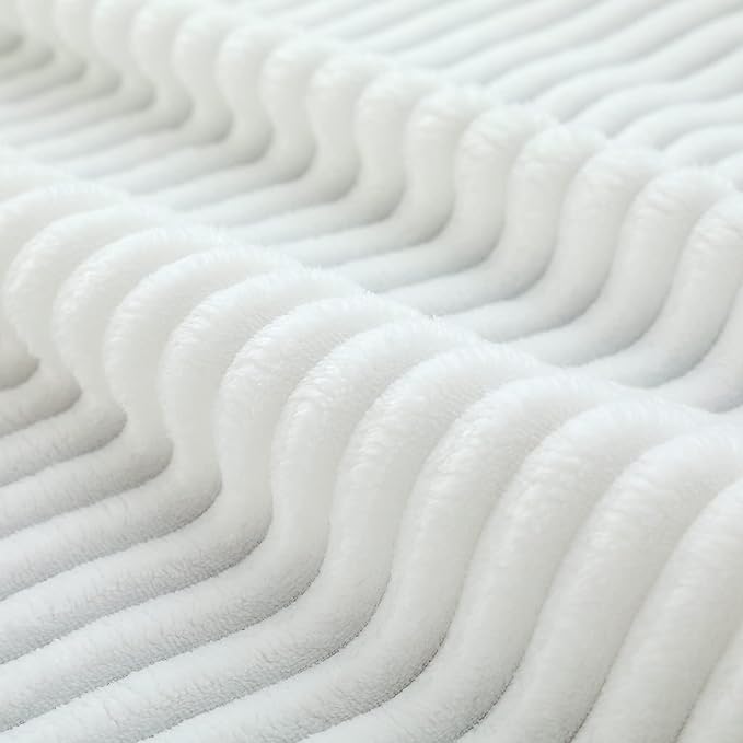 Vessia Flannel Fleece White Throw Blanket(50X70 Inch), Lightweight Warm and Soft Stripe Couch Blanket, Bed Blanket, Cozy Comfy Microfiber Ribbed Sofa Decor for All Season