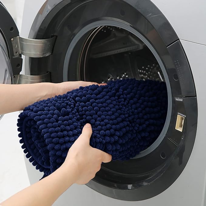 ACCUMTEK Striped Navy Blue Bathroom Rug Mat Set 2 Piece 32"x20"+60"x20" Ultra Soft, Non Slip Chenille Bath Rugs, Absorbent Plush Shaggy Bath Mats for Bathroom, Bedroom, Kitchen, Shower, Tub