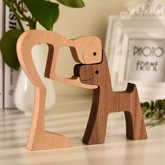 Unique Gift Hand Carved Wood Human & Dog Statue Figurine Sculpture Home Office Decor, Wooden Man & Dog Carving Model to Remember Friendship Between People & Pets (C)