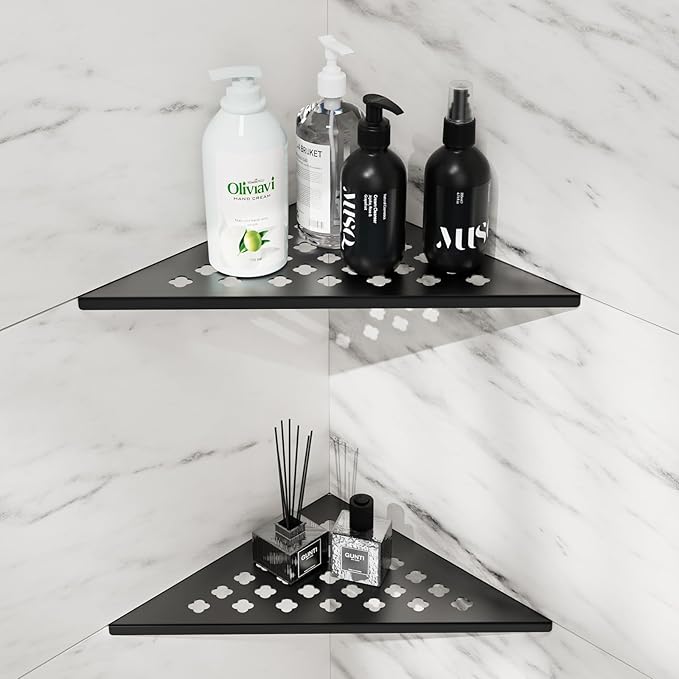 Shower Corner Shelf 2-Pack, 10" Slot Design Bathroom Shelves for Tiled Wall, 304 Stainless Steel Recessed Organizer Corner Shelves for Inside Shower Decor, Black, 2 Pack (Floral)