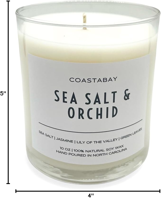 Sea Salt and Orchid Candle for House Decor | 50+ Hour Burn, All Natural Soy Scented Jar Candles, Clean Floral Scent, Organic and Non Toxic, Large 10oz