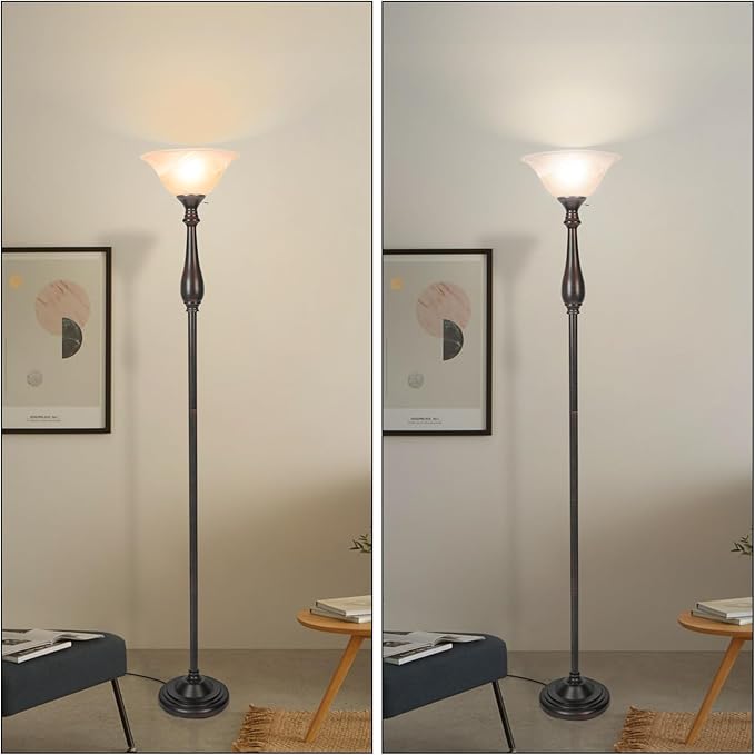 Torchiere Floor Lamp for Living Room, Standing Lamp with Glass Shade, Iron Brushed Nickel Floor Lamps, Corner Lamps for Bedroom, Office, Reading (Dark Brown)