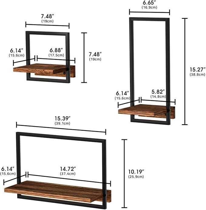 Metal Frame Rustic Wooden Floating Hanging Shelves, Home Decor Wall Mounted Display Organizing Shelf for Living Room, Bedroom, Office Bathroom. Set of 3