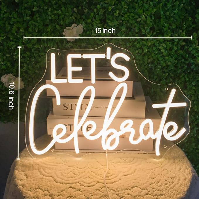 Let's Celebrate Neon Sign Warm White LED Neon Lights for Wall Decor USB-Powered Neon Signs for Living Rooms, Dining Rooms, Bars, Clubs, Hotels, Restaurants, Thanksgiving and Party Decorations