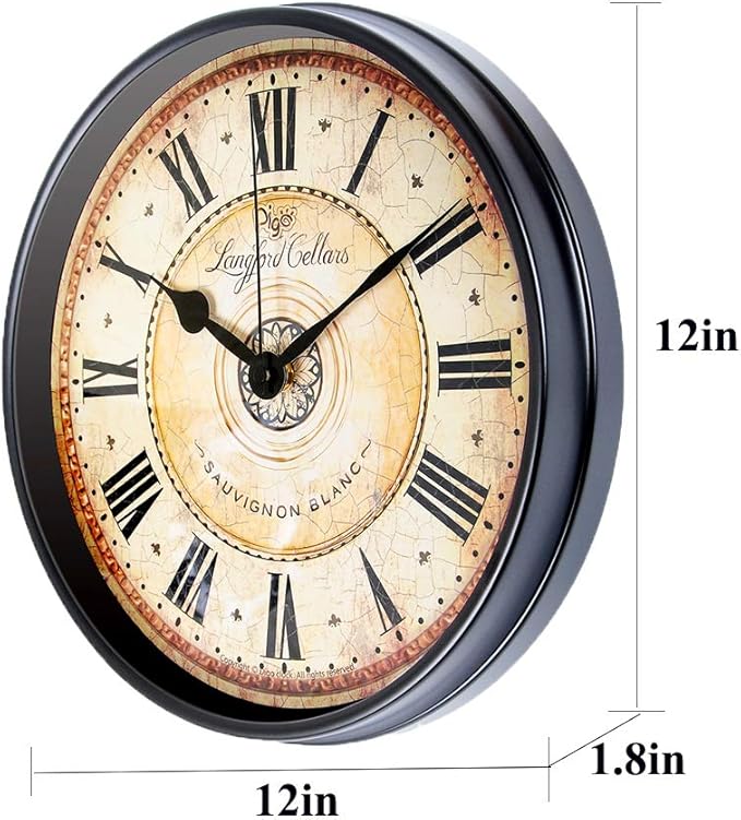 Justup Wall Clock, 12 inch Metal Black Wall Clock European Style Retro Vintage Clock Non - Ticking Whisper Quiet Battery Operated with HD Glass Easy to Read for Indoor Decor (Black 12')