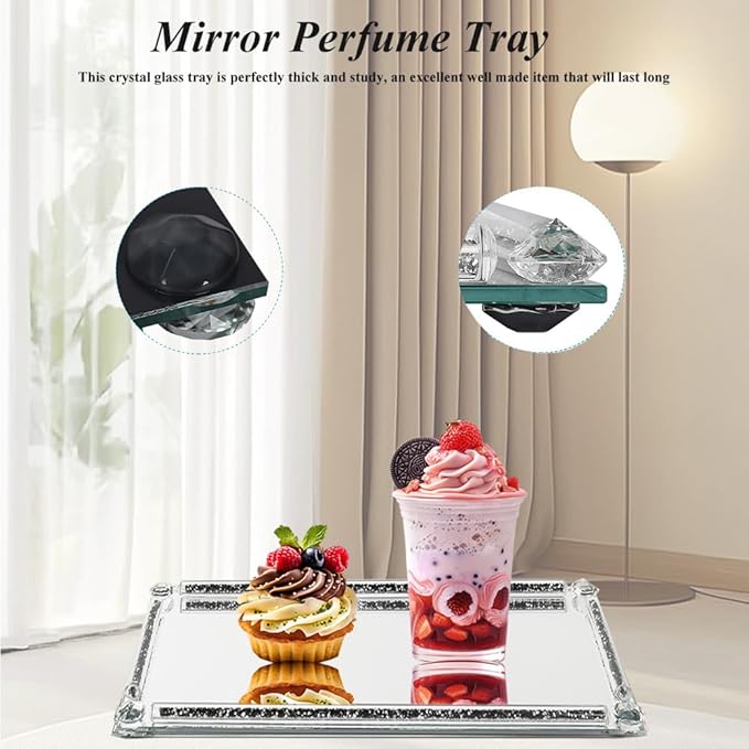 Mirrored Vanity Tray, Crushed Diamond Filled Crystal Glass Cosmetic Makeup Tray, Sparkle Perfume Jewelry Trinket Countertop Decorative Tray, for Home Party Hotel Dresser Bathroom Bedroom, Silver