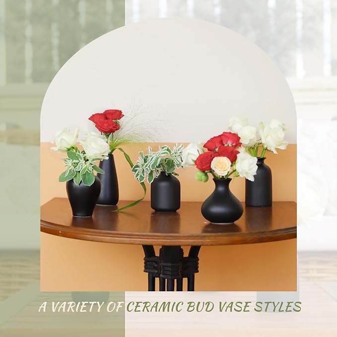 Small Black Vases Set of 8 - Mini Ceramic Bud Vases for Flowers, Pampas Grass, Rustic and Modern Home Decor, Perfect for Living Room, Table Centerpieces, Black Vases Home Decor, Bathroom Decor