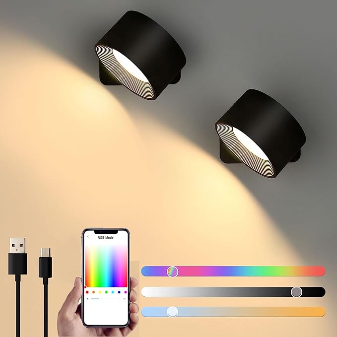 Lightess Smart LED Wall Sconces Set of 2, Dimmable Wall Mounted Lamp with 3 Lighting & RGB & Ambiance Mode, APP & Touch Control, Rechargeable Battery Operated Wall Light for Reading Bedside
