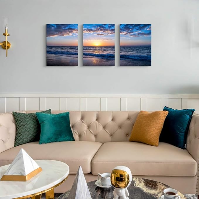 hyidecorart 3 Piece Canvas Wall Art -Sunrise blue sea view Landscape - Modern Home Decor Room Stretched and Framed Ready to Hang - 12"x16"x3 Panels