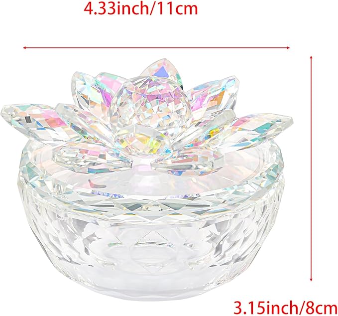 Crystal Jewelry Box Lotus Glass Jewelry Trinket Box with Lid Decorative Box to Ring Earrings Necklace Storage Holder for Home Decor(Dazzling Colors)