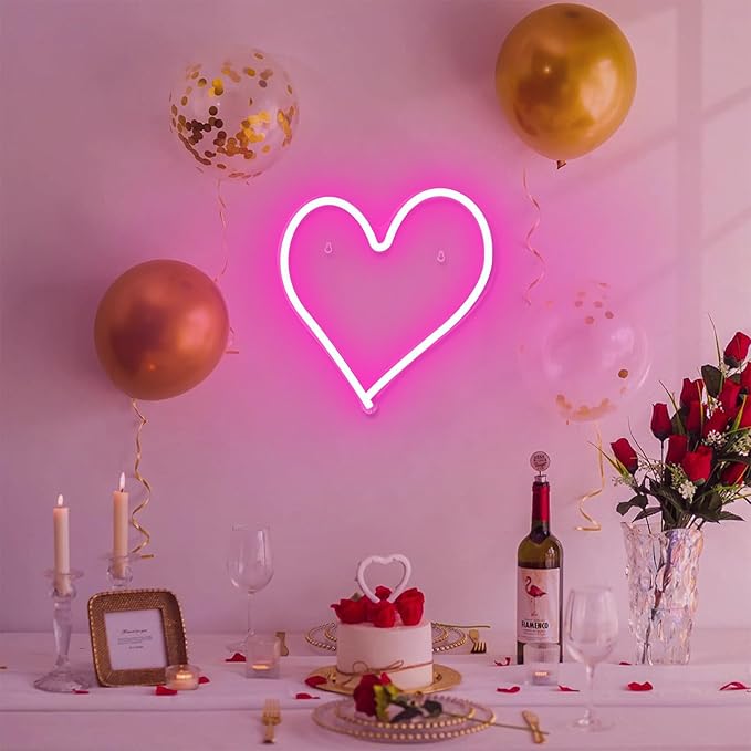 Pink Heart Neon Light, LED Heart Sign 13.413 Inch Dimmable USB Powered Romantic Bedroom Valentine's Kids Room Wedding Party Decor