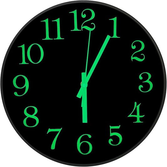 JoFomp Glow in The Dark Clock, 12" Non-Ticking Silent Luminous Wall Clock, Battery Operated Modern Quartz Clocks, Easy to Read for Home Kitchen Office Bedroom