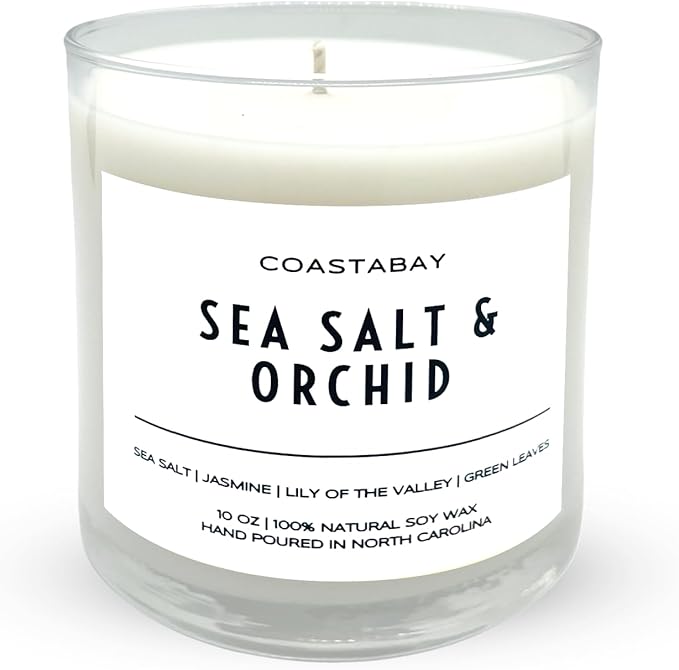 Sea Salt and Orchid Candle for House Decor | 50+ Hour Burn, All Natural Soy Scented Jar Candles, Clean Floral Scent, Organic and Non Toxic, Large 10oz
