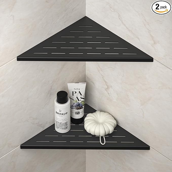 Corner Shower Shelf, 12" Matte Black 304 Stainless Steel Slot Design Recessed Corner Shelves 2 Pack Bathroom Shelf Rack for Tiled Wall, Large Size