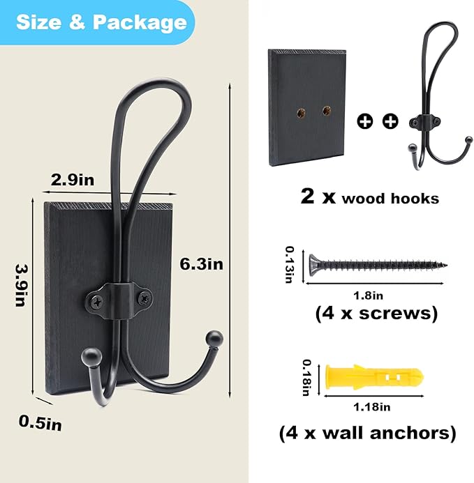 Double Towel Hooks for Bathroom, 2 Pack Farmhouse Coat Hooks Wall Mounted, Heavy Duty Rustic Decorative Wood Wall Hooks Hanging Keys Robe Hat for Bedroom, Kitchen, Entryway (Black)