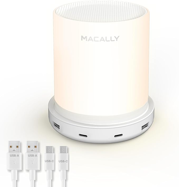 Macally Small Bedside Lamp with USB Ports (USB C + A) - Fast Charging Bedside Light and 3 Way Dimmable Touch Lamp for Nightstands - Great as a Night Light and Charger for Bedrooms