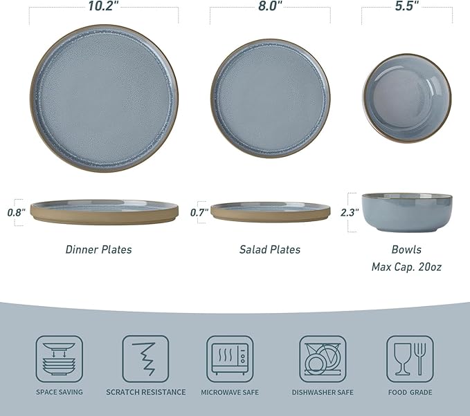 Famiware Nature Plates and Bowls Set, 18 Pieces Dinnerware Sets, Dishware Sets, Dishes Set for 6, Microwave and Dishwasher Safe, Light Blue