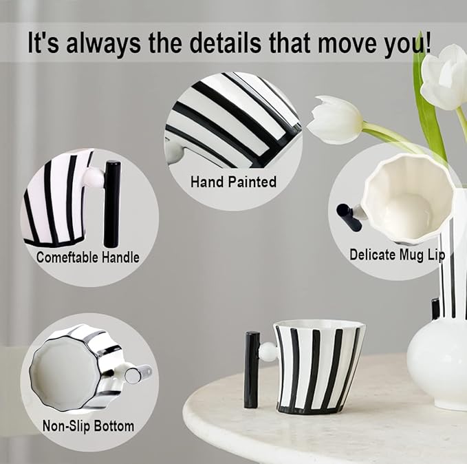 Coffee Mug, Handmade Aesthetic Coffee Mugs Cool Gifts for Coffee Lovers, Coffee Tea Cup for Office and Home, Artsy Coffee Mugs for Women Men for Dad, Black & White Mug, 12 Oz