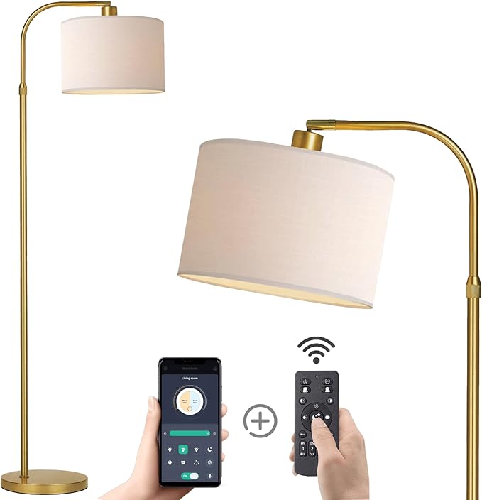 Gold Floor Lamp with Remote Control, Adjustable Height Dimmable Arc Floor Lamp for Living Room, Modern Gold Standing Lamp Dimmable for Bedroom, Office, 1000 Lumens LED Smart Bulb Included,