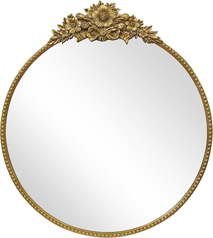 Round Baroque Style Antique 24" Metal Circle Vintage Mirror, Wall Mounted Decorative Mirror for Entryway,Bathroom,Vanity, Retro Gold