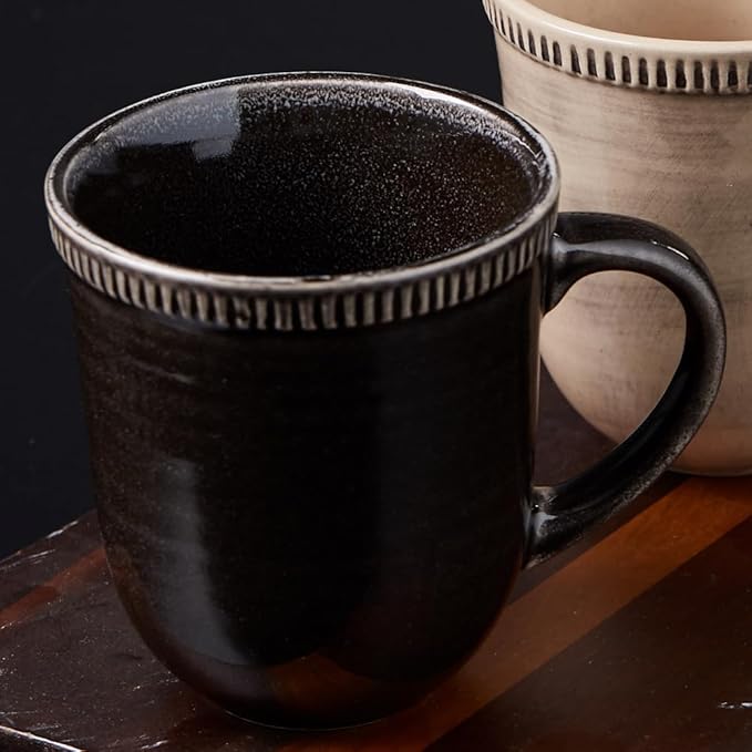 Ceramic Coffee Mugs, Set of Two, Black mugs, 15oz, Vintage Tea Cups with Handle for Office/Home, Handmade Pottery Mug, Embossment Craft, Dishwasher and Microwave Safe. (Black)