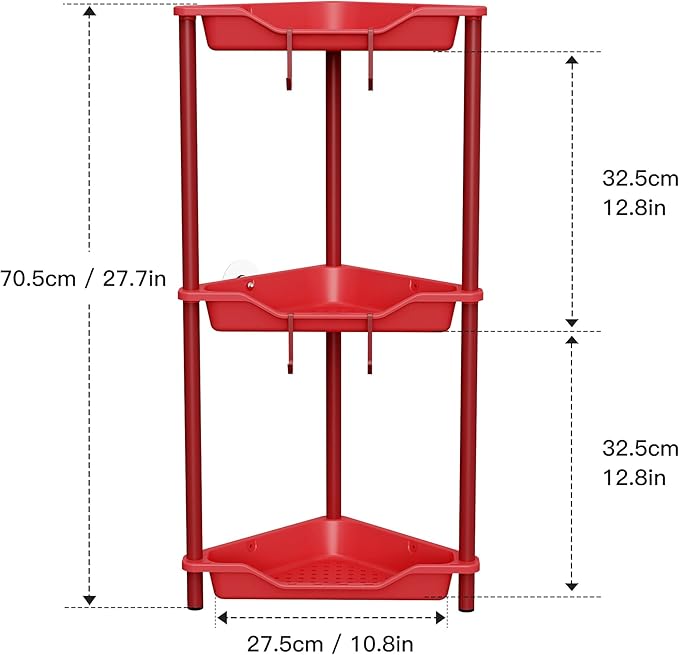 Orimade Rustproof 3 Tier Floor Standing Corner Shower Caddy Organizer, Plastic Metal Splicing Floor Corner Shelf Rack Stands for Bathroom, Red