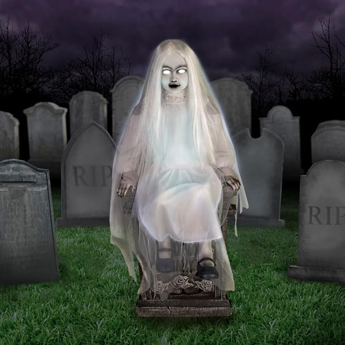 Haunted Hill Farm Motion-Activated Sitting Tombstone Girl by Tekky, Talking Animatronic for Indoor or Covered Outdoor Creepy Halloween Decorations, Plug-In or Battery Operated Prop