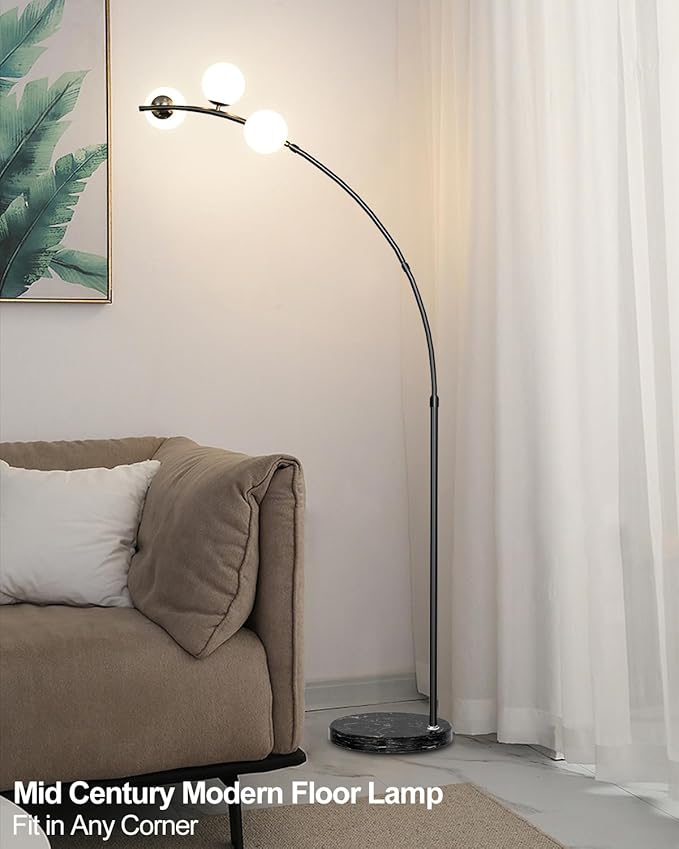 Lightdot 3 Globe Arc Floor Lamp - Contemporary Black Arc Lamp with Shatterproof Shade, LED Bulbs Included for Living Room, Bedroom & Home Office