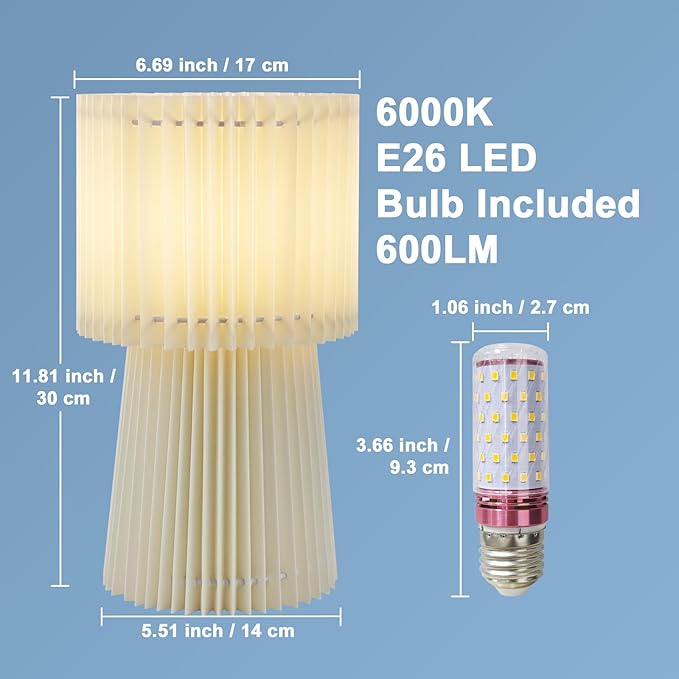 Shineled Small Table Lamp for Bedroom, Minimalist Bedside Lamps for Night Stands, Nightstand Lamp with Pleat Fabric, Study Reading Desk Lamp for Kids Room, Living Room, College Dorm, Home, Office